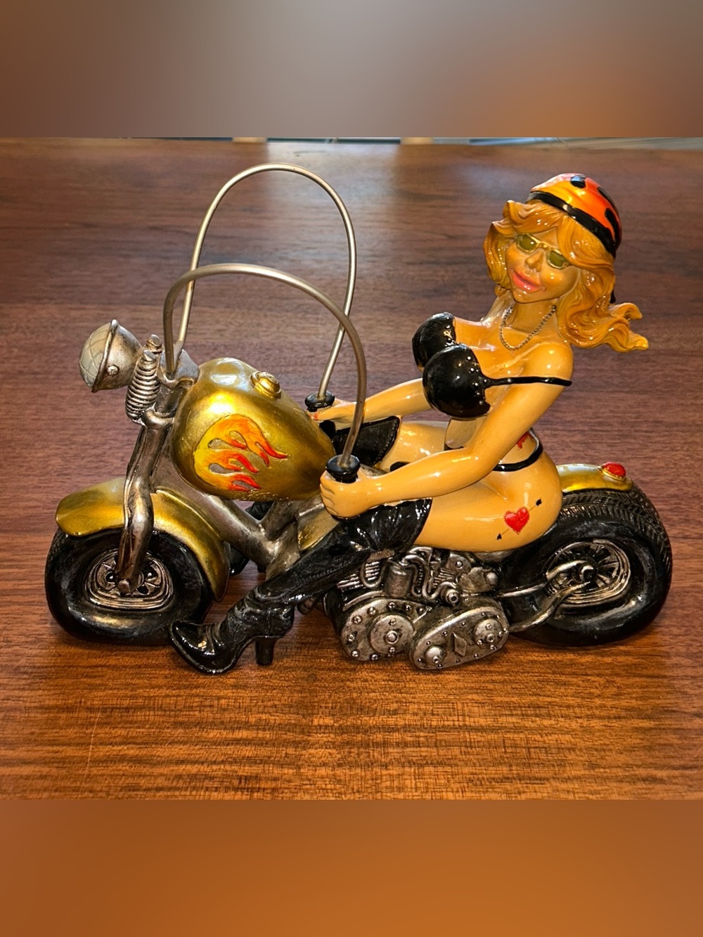 Goldie The Biker Babe Wine Holder Buxom Blond Lady woman in bikini on Motorcycle